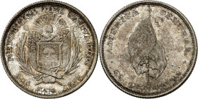 Republic of El Salvador.

50 Centavos 1892 CAM, San Salvador. Arms, date below / Flag, denomination. 12,52g. KM 112.

NGC MS64 (Top pop). (2160369...