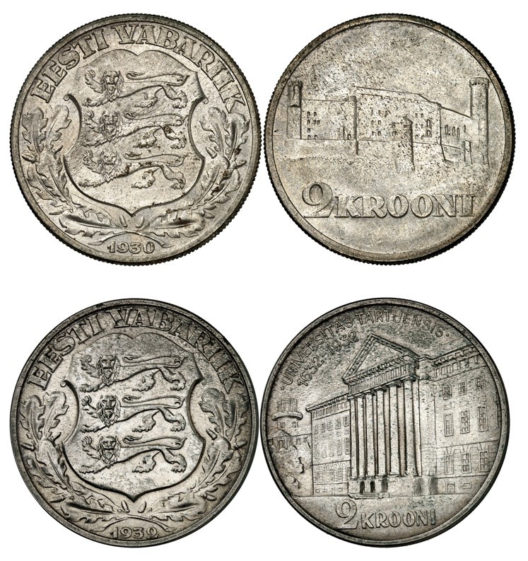 Republic of Estonia, 1918-1941.

Lot of 2 coins: 2 Krooni 1930 (MS64), 1932 (M...