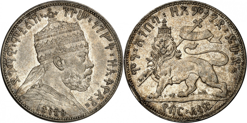 Menelik II, 1889-1913.

1/2 Birr EE1889 (1897), Addis Ababa. Crowned bust righ...