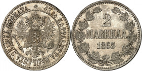 Grand Duchy, Alexander II of Russia, 1854-1881.

2 Markkaa 1865 S, Helsinki. Crowned imperial double eagle / denomination and date within wreath. 10...