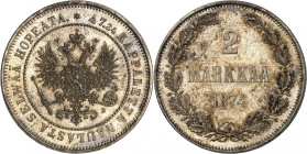 Grand Duchy, Alexander II of Russia, 1854-1881.

2 Markkaa 1874 S, Helsinki. Crowned imperial double eagle / denomination and date within wreath. 10...