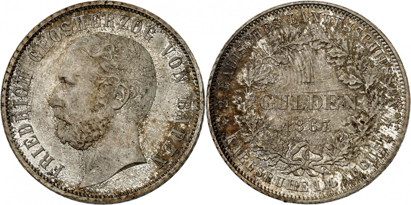 Baden, Friedrich I, 1852-1907.

Gulden 1867. Head left / Denomination and date...