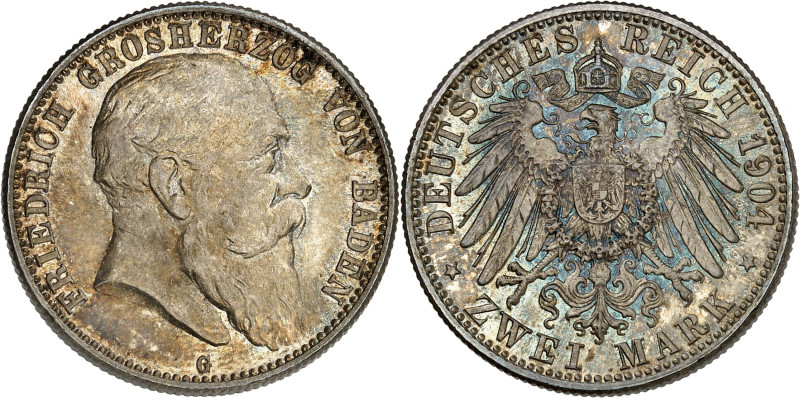 Baden, Friedrich I, 1852-1907.

2 Mark 1904 G, Karlsruhe. Head right / Crowned...