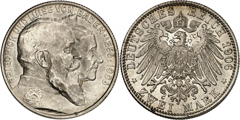 Baden, Friedrich I, 1852-1907.

2 Mark 1906. Jugate heads of royal couple righ...