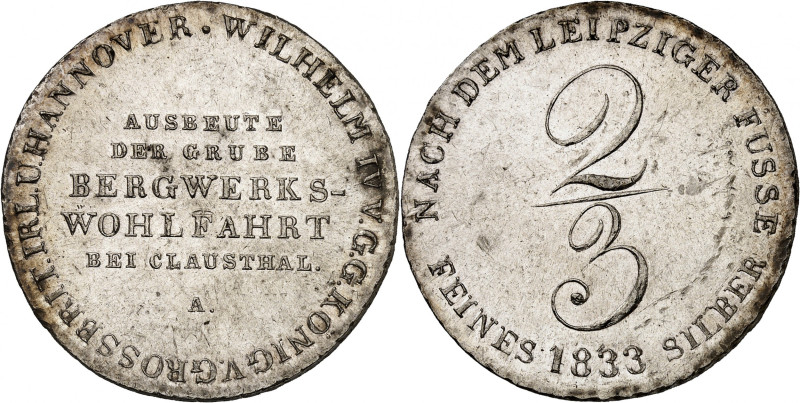 Hannover, Wilhelm IV, 1830-1837.

2/3 Taler 1833 A, Clausthal. Text, mint mark...