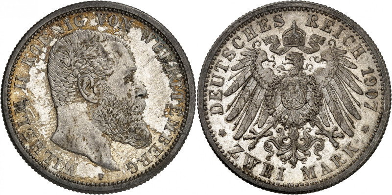 Wurttemberg, Wilhelm II, 1891-1918

2 Mark 1907 F, Freudenstadt. Head right / ...