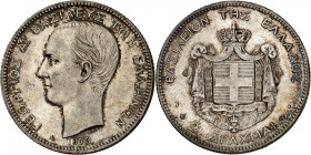 George I, 1863-1913.

2 Drachmai 1873 A, Paris. Head left, date below / Crowned arms, denomination below. 10,03g. KM 39; Divo 51b.

NGC MS63. (216...