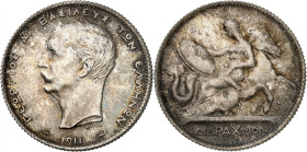 George I, 1863-1913.

2 Drachmai 1911, Paris. Head left, date below / Figure with shield seated on seahorse. 10,02g. KM 61; Divo 52.

NGC UNC Deta...