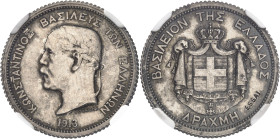 Constantine I, first reign, 1913-1917.

Drachma 1913, Paris. SILVER PATTERN. Head of Constantine I left. Date below / Crowned coat of arms. Value be...