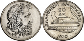 Second Hellenic Republic, 1924-1935.

20 Drachmai 1930. Neptune head right / Prow of ancient ship, denomination and date. 11,35g. KM 73; Divo 104.
...