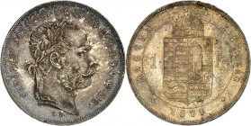 Franz-Joseph I, 1848-1916.

Forint 1877 KB, Kremnitz. Laureate head right / Crowned arms and denomination within circle. 12,32g. KM 453.1.

NGC MS...