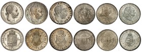 Franz-Joseph I, 1848-1916 & Regency, 1926-1945.

Lot of 6 coins: Forint 1881 KB, Kremnitz (MS62), 1883 KB (MS63), 1892 KB (MS61), 2 Pengo 1929 BP, B...