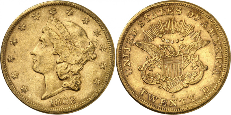 20 Dollars 1863 S, San Francisco. 33,42g. Fr. 172.

Very fine.