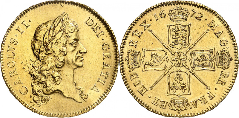 Charles II, 1660 - 1685

Five Guineas, 1672. First laureate bust right, Latin le...