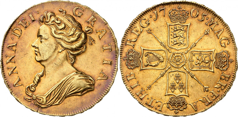 Anne, 1702-1714

Five Guineas, 1705. First draped bust left, Latin legend with p...