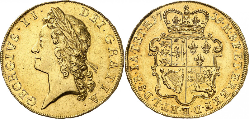 George II, 1727-1760

Five Guineas, 1735. First young laureate bust left, Latin ...