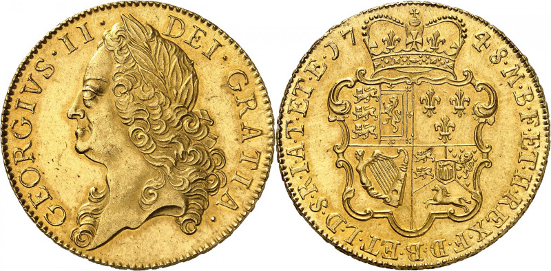 George II, 1727-1760

Five Guineas, 1748. Second older laureate bust left, Latin...