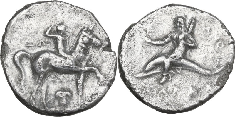 Greek Italy. Southern Apulia, Tarentum. AR Nomos, 280-272 BC. Obv. Horseman righ...