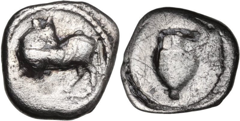 Greek Italy. Southern Lucania, Sybaris. AR Triobol, 510-475 BC. Obv. Bull standi...