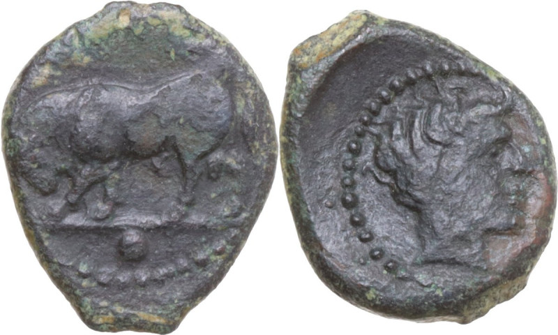 Sicily. Gela. AE Onkia, c. 420-405 BC. Obv. ΓΕΛΑΣ. Bull standing left, head lowe...