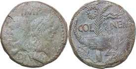 Augustus (27 BC - 14 AD) with Agrippa (died 12 BC). AE As, Nemausus mint, 9-3 BC. Obv. IMP DIVI F. Heads of Agrippa (left) and Augustus (right) back t...