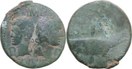 Augustus (27 BC - 14 AD) with Agrippa (died 12 BC). AE As, Nemausus mint, 9-3 BC. Obv. IMP DIVI F. Heads of Agrippa (left) and Augustus (right) back t...