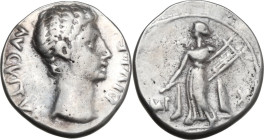 Augustus (27 BC - 14 AD). AR Denarius, Lugdunum mint, 15-13 BC. Obv. AVGVSTVS DIVI F. Bare head right. Rev. IMP X ACT. Apollo standing left, holding p...