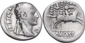 Augustus (27 BC - 14 AD). AR Denarius, Lugdunum mint, 9 BC. Obv. Laureate head right. Rev. C CAES AVGVS F. Gaius Caesar galloping right, holding sword...