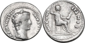 Augustus (27 BC - 14 AD). AR Denarius, Lugdunum mint, 13-14. Obv. CAESAR AVGVSTVS DIVI F PATER PATRIAE. Laureate head right. Rev. PONTIF MAXIM. Female...