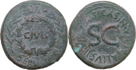 Augustus (27 BC-14 AD). AE Sestertius, Rome mint, C. Asinius Gallus moneyer. Obv. OB/CIVIS/SERVATOS. Oak wreath flanked by laurel branches. Rev. C. AS...
