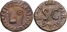Augustus (27 BC - 14 AD). AE Quadrans. Struck 9 BC. Moneyers Lamia, Silius and Annius. Obv. LAMIA SILIVS ANNIVS. Simpulum to right, lituus to left. Re...
