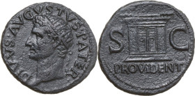 Divus Augustus (died 14 AD). AE As, Rome mint, struck under Tiberius, 22-30. Obv. DIVVS AVGVSTVS PATER. Radiate head left. Rev. PROVIDENT S C. Altar-e...