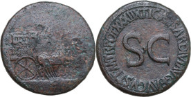 Tiberius (14-37). AE Sestertius. Rome mint, 36-37. Obv. Empty horse-drawn quadriga right; its side ornamented with a trophy, Victory and trophy, and c...