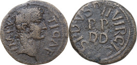 Tiberius (14-37). AE 23 mm, Carthago mint (Zeugitania). Obv. IMP V TI CA F. Bare-head right. Rev. P. I. SP. D. VS. P. II. VIR. C. I. C / PP / DD. RPC ...