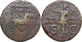 Germanicus (died in 19 AD). AE Dupondius, struck under Caligula, 37-41. Obv. GERMANICVS CAESAR. Germanicus, bare-headed and cloaked, standing in quadr...