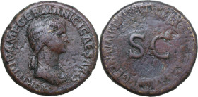 Agrippina, the Elder (died 33 AD). AE Sestertius, struck under Claudius. Obv. AGRIPPINA M F GERMANICI CAESARIS. Draped bust right, hair in long plait....