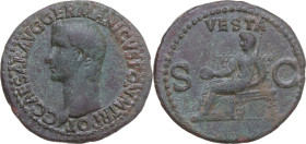 Gaius (Caligula) (37-41). AE As, Rome mint, 37-38. Obv. C CAESAR AVG GERMANICVS PON M TR POT. Bare head left. Rev. VESTA S C. Vesta, veiled and draped...