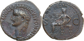 Gaius (Caligula) (37-41). AE As, Rome mint, 37-38. Obv. C CAESAR AVG GERMANICVS PON M TR POT. Bare head left. Rev. VESTA S C. Vesta, veiled and draped...