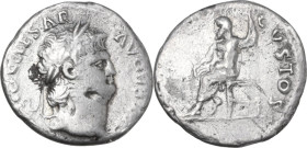 Nero (54-68). AR Denarius, Rome mint, 64-65. Obv. NERO CAESAR AVGVSTVS. Laureate head right, with beard. Rev. IVPPITER CVSTOS. Jupiter, bare to waist,...