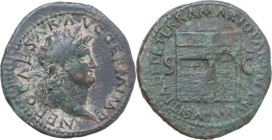 Nero (54-68). AE As, Rome mint, 62-68. Obv. NERO CAESAR AVG GERM IMP. Laureate head right. Rev. PACE P R TERRA MARIQ PARTA IANVM CLVSIT S C. Temple of...