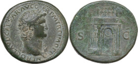 Nero (54-68). AE Sestertius, Lugdunum mint, 65 AD. Obv. NERO CLAVD CAESAR AVG GER PM TR P IMP PP. Laureate head right. Rev. SC. Triumphal arch surmoun...