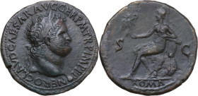 Nero (54-68). AE Sestertius. Lugdunum mint, 65 AD. Obv. NERO CLAVD CAESAR AVG GER PM TR P IMP P P. Laureate head right. Rev. ROMA SC. Roma, helmeted a...