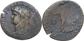 Nero (54-68). AE Dupondius, Lugdunum mint, 62-68. Obv. IMP NERO CAESAR AVG P MAX TR P P. Laureate head left. Rev. VICTORIA AVGVSTI SC. Victory flying ...
