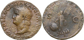 Nero (54-68). AE As, Lugdunum mint, 62-68. Obv. IMP NERO CAESAR AVG P MAX TR P PP. Laureate head left. Rev. Victoria advancing left, holding shield. R...