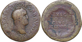 Galba (68-69). AE Sestertius. Obv. SER GALBA IMP CAESAR AVG TR P. Laureate bust right. Rev. SPQR / OB / CIVES / SERVATOS in four lines within oak wrea...