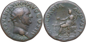 Vespasian (69-79). AE Dupondius, Rome mint, 71 AD. Obv. IMP CAES VESPASIAN AVG COS III. Radiate head right. Rev. CONCORDIA AVGVSTI / S C. Concordia se...