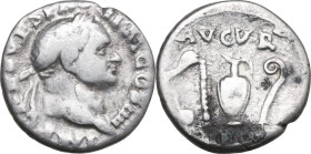 Vespasian (69-79). AR Denarius, Rome mint, 72-73. Obv. IMP CAES VESP AVG P M COS IIII. Laureate head right. Rev. AVGVR TRI POT. Simpulum, sprinkler, j...