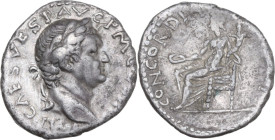 Vespasian (69-79). AR Denarius, Rome mint, 72-73. Obv. IMP CAES VESP AVG P M COS IIII. Laureate head right. Rev. CONCORDIA AVGVSTI. Concordia, draped,...