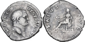 Vespasian (69-79). AR Denarius, 73 AD. Obv. IMP CAES VESP AVG CEN. Laureate head right. Rev. SALVS AVG. Salus seated left, holding patera. RIC II-p. 1...