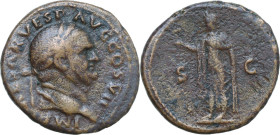Vespasian (69 -79). AE As, c. 76 AD. Obv. IMP CAESAR VESP AVG COS VII. Laureate head right. Rev. SC. Spes standing left, holding flower and raising he...